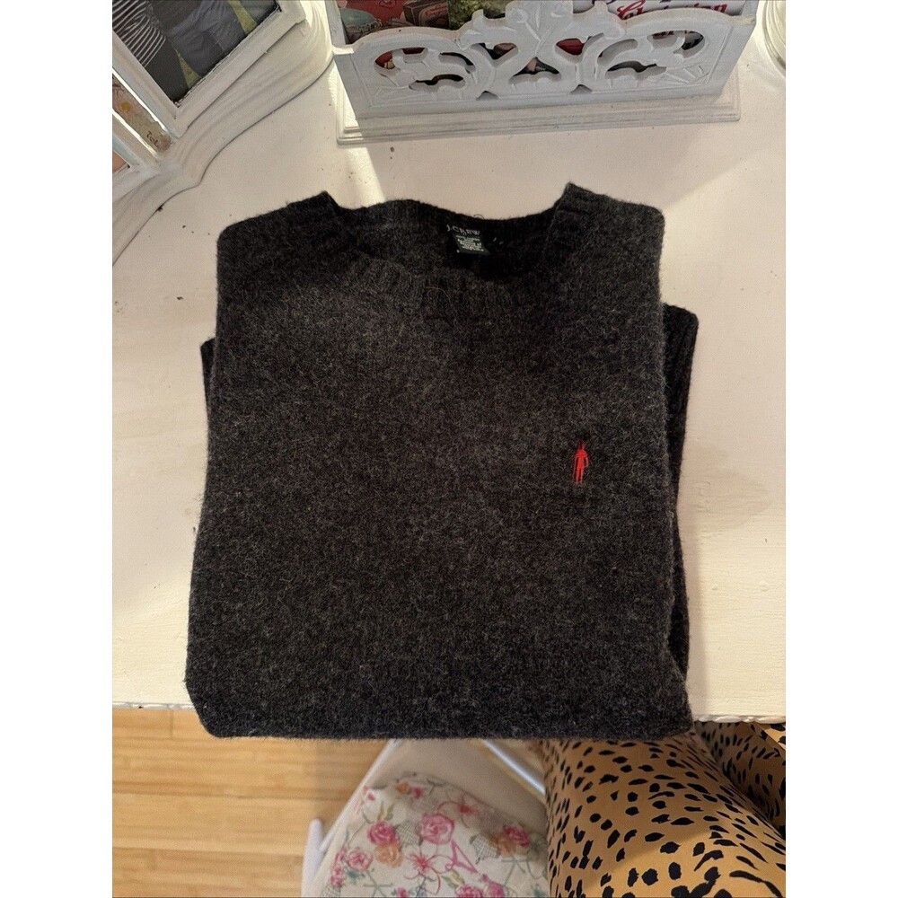 J Crew Vintage 90s Preppy Embroidered Oarsman Logo Wool Sweater Mens L Charcoal